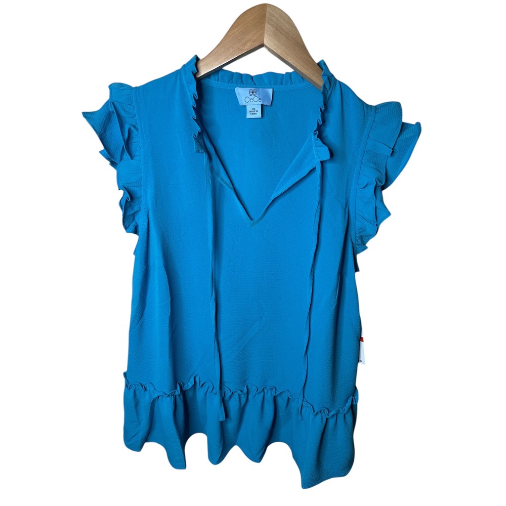 NWT-CeCe Vibrant Blue‎ "Florence Rose" Style Top – Ruffle Details – Size XS